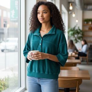 Evereve Teal Terry Cloth Half Snap Short Sleeve Pullover Size S‎